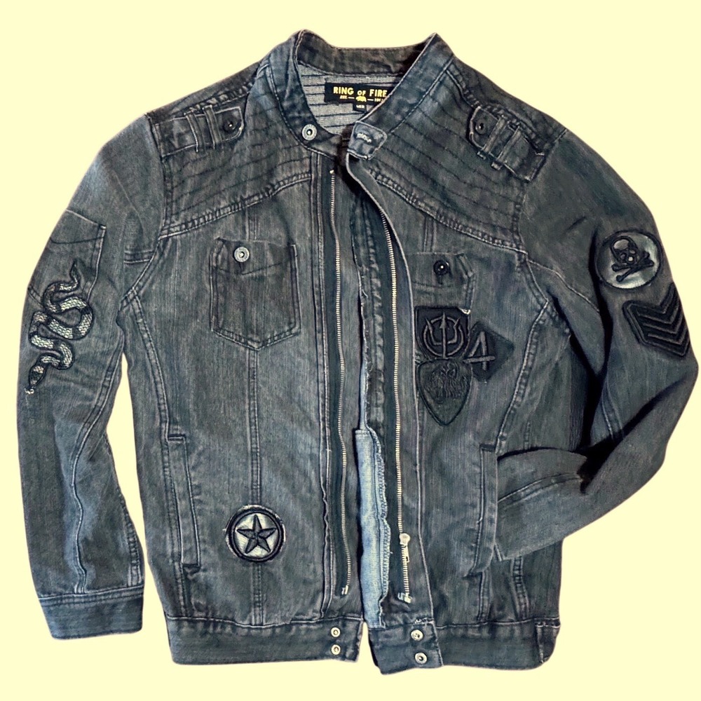 Ring of Fire Jacket Mens Medium Embroidered Patches Black Denim Moto Zip Biker M